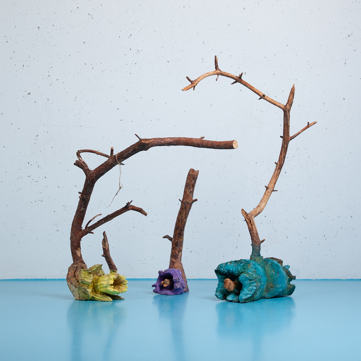 Drie kleine bloemen uit takken
